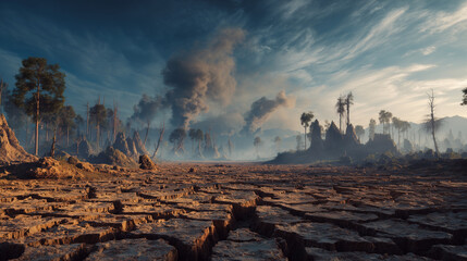 Hyper-realistic image of a once lush forest turned into dry cracked land, dead trees and smoke in the distance, concept of deforestation and climate crisis, cinematic lighting, high detail