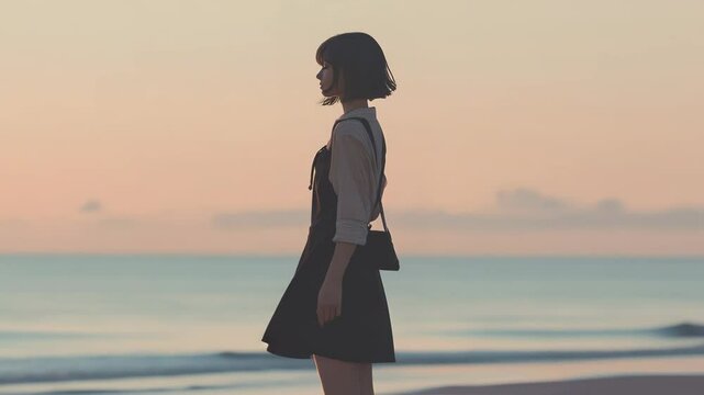 淡いパステルカラーの夕暮れと若い女性　エモい風景