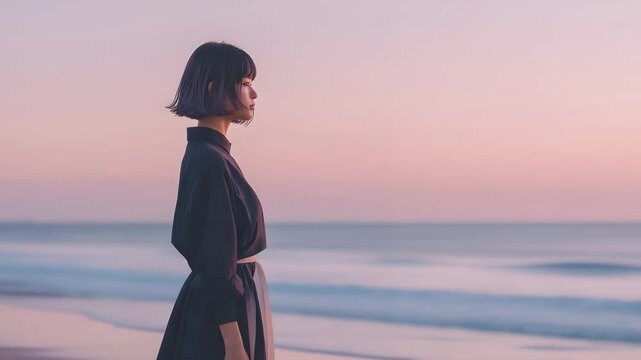 淡いパステルカラーの夕暮れと若い女性　エモい風景