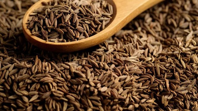 Dried cumin seeds overflowing wooden spoon on top of pile of dark brown spices. Food ingredient for cooking, flavoring, or remedy.
