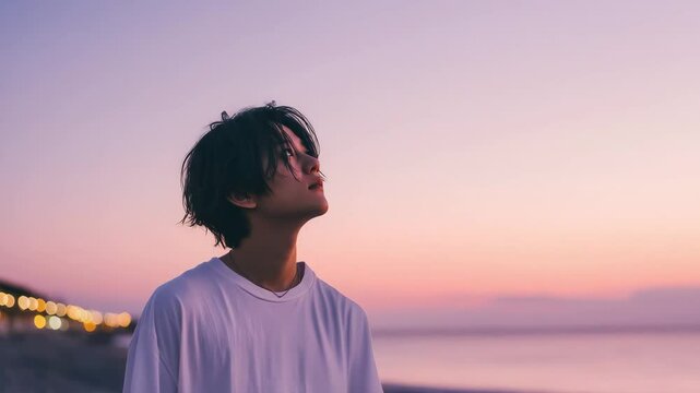 淡いパステルカラーの夕暮れと若い男性　エモい風景