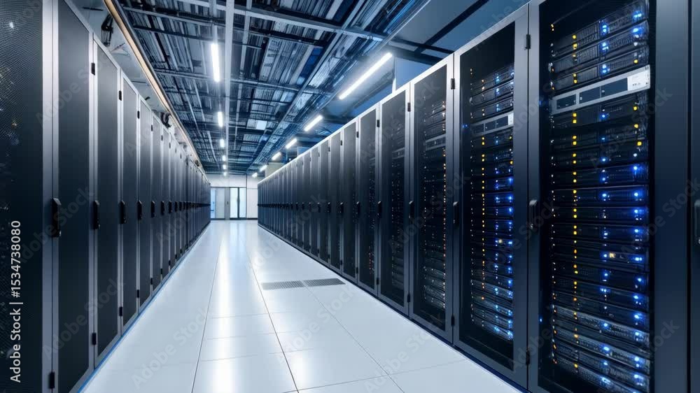 Poster data center with multiple rows of server racks inside server room, with illuminated equipment and co