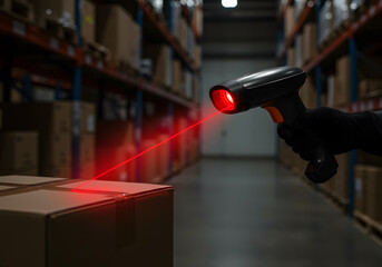 Barcode scanner scanning cardboard box warehouse