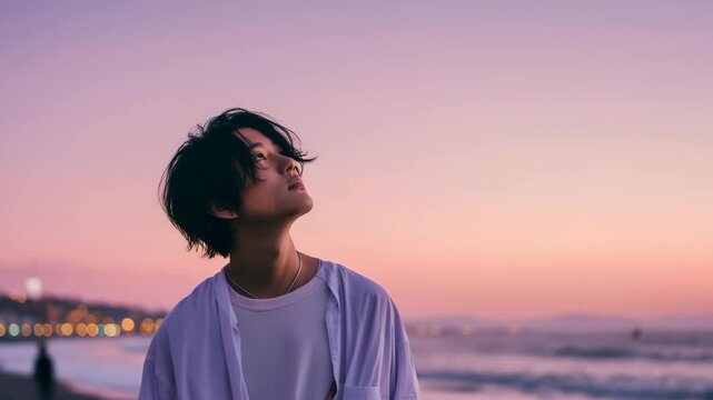 淡いパステルカラーの夕暮れと若い男性　エモい風景