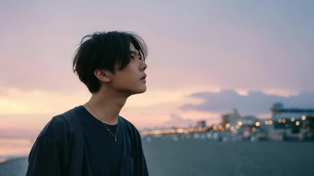 淡いパステルカラーの夕暮れと若い男性　エモい風景