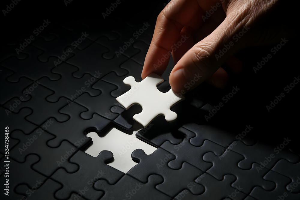 Poster solving the puzzle finding the missing pieces and completing the picture