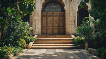 Fototapeta premium Ancient stone building entrance with wooden doors and steps. Lush greenery surrounds
