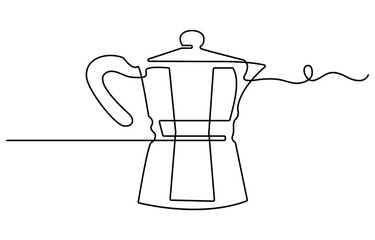 Coffee accessories continuous one line drawing. Italian coffee geyser pot, cup hand drawn illustration. Traditional, vintage coffeemaker, barista tools, equipment minimalistic contour sketch