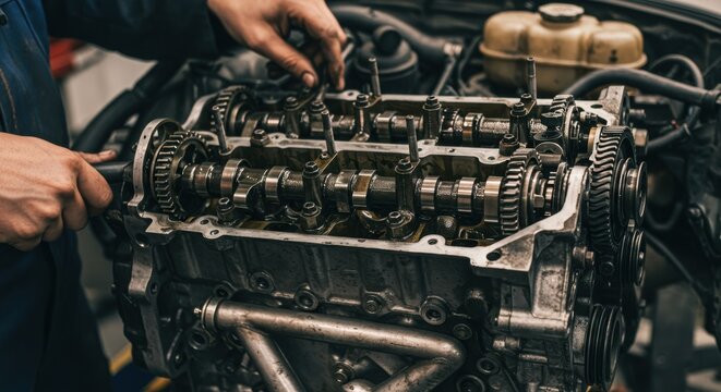 Engine repair action auto workshop mechanical process indoor environment automotive maintenance