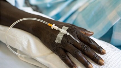 Close Up Hand of Black Patient with IV Drip Showing Tube Insertion Representing Medical Treatment Reality