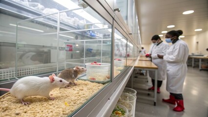 Laboratory mice in a glass enclosure with researchers in white coats and masks working in the background.