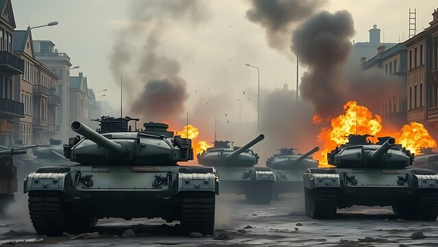 Industrial disaster with fire trucks, a military tank, and firemen battling an explosion and thick smoke in a burning factory with a locomotive nearby Generated using Raphael AI 