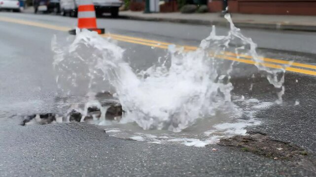道路に亀裂が入り水道管が破裂して水が吹き出す