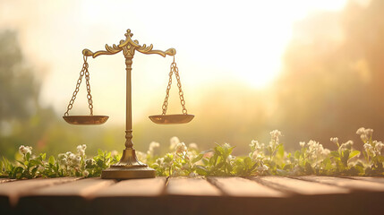 Balanced Scales of Justice Against Soft Sunset Background