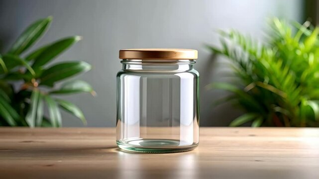 Empty clear glass jar with wooden lid sitting on a light brown wooden surface, tropical plants and gray wall in background, neutral modern setting.