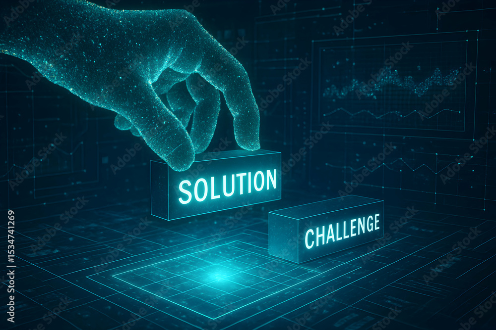 Poster digital hand placing solution block onto challenge problem-solving and innovation in a tech world