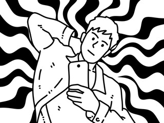 man taking selfie on mobile phone. hand - drawn black and white illustration