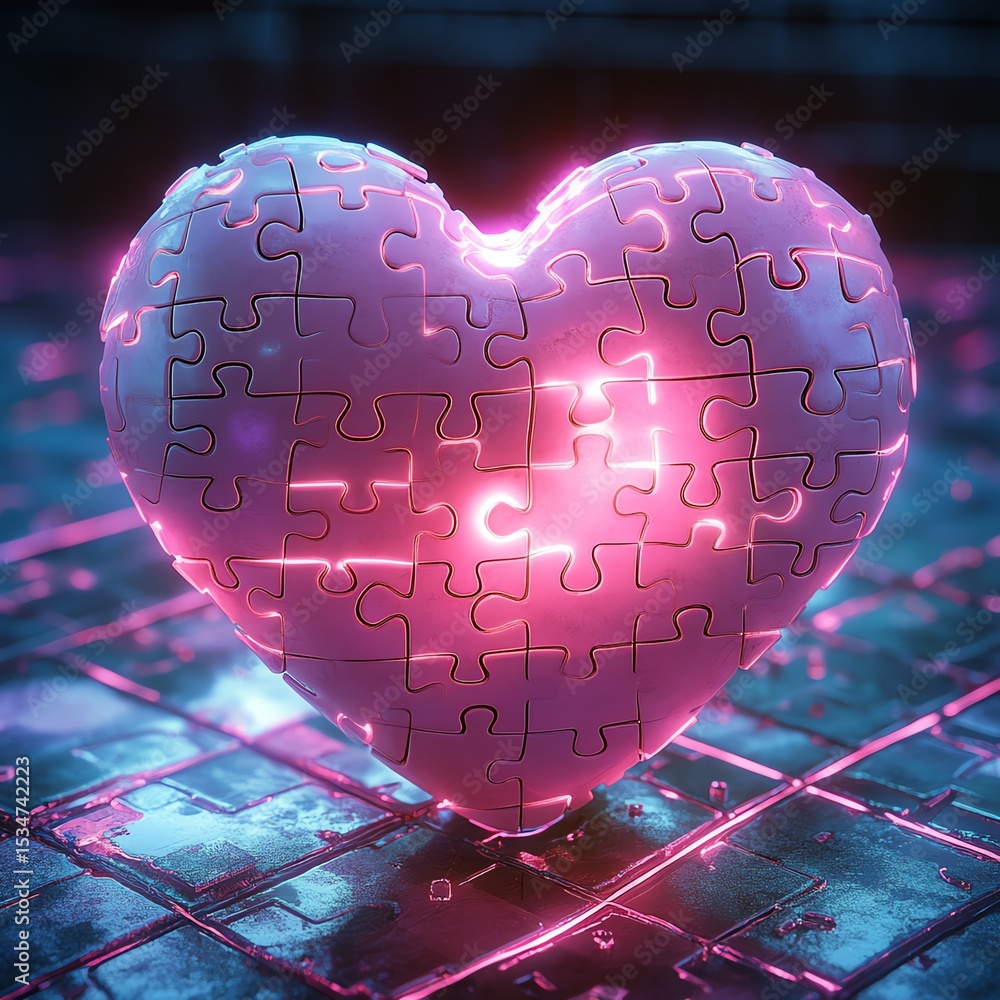 Poster a pink and white heart-shaped puzzle with missing pieces sits on a glowing, futuristic grid backgrou