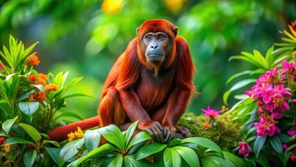 Obraz premium Red howler monkey sitting on a high tree branch in a lush tropical forest canopy