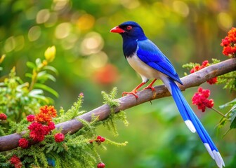 Obraz premium Colorful Red-billed Blue Magpie perched on a sturdy branch in a lush green forest amidst vibrant wildflowers and foliage