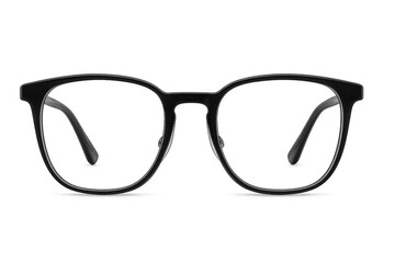 Fototapeta premium Sleek black eyewear frame resting on clear surface, highlighting lens details and serving graphic design mockup purposes