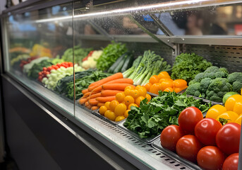 Colorful fresh produce display in refrigerated case