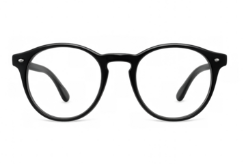 Black eyeglasses frame resting elegantly on a surface, featuring a transparent background that emphasizes its modern and stylish design