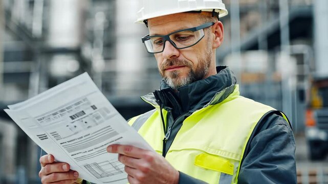Construction engineer analyzing blueprints at industrial site with focused precision