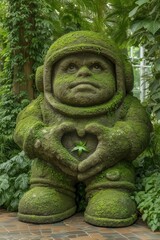 Fototapeta premium A moss-covered astronaut statue surrounded by greenery.