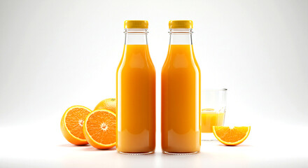 Two Bottles of Fresh Orange Juice with Oranges and a Glass