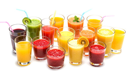 Collection of Colorful Fruit Juices and Smoothies in Glasses with Straws