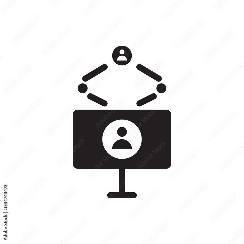 Poster user network hub icon. central user connected to multiple people or systems.