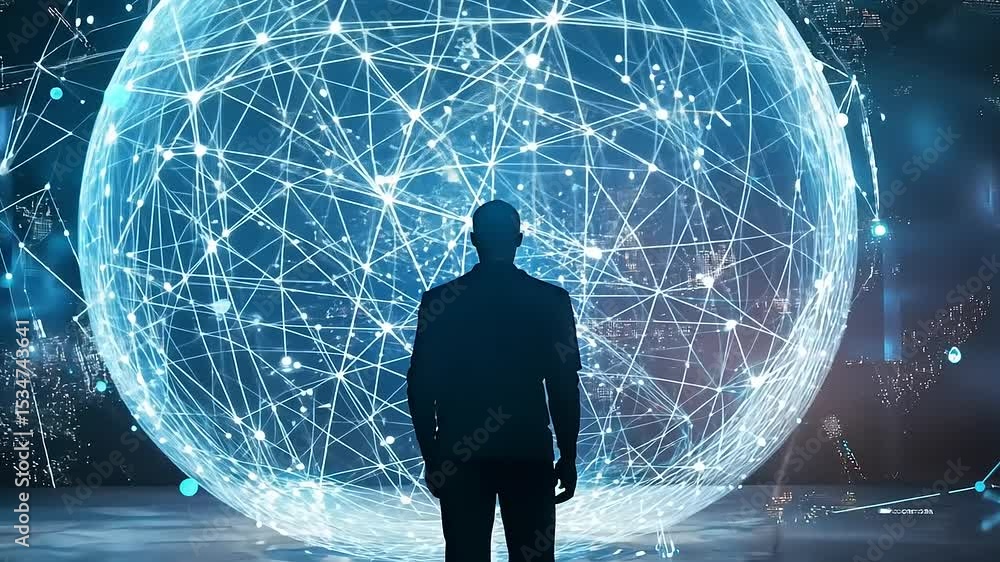 Poster a person standing in front of a glowing digital sphere, symbolizing technology and connectivity in a