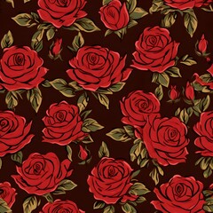 Illustration of red roses with green leaves in a seamless vintage pattern. Floral design repeat for fabric, wallpaper, or decorative paper.