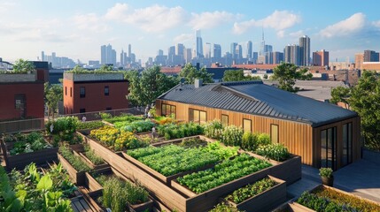 Obraz premium Urban rooftop garden with green plants, skyline view, sustainable living, and modern architecture in a vibrant city environment