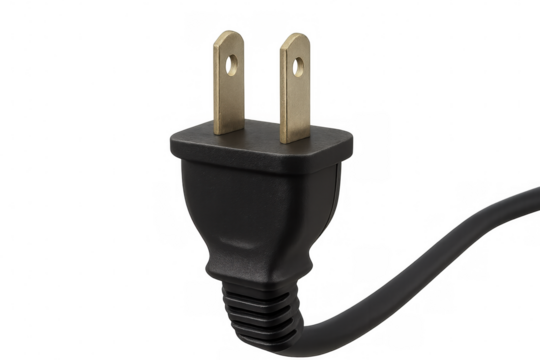 Brass-pronged us electrical plug with black insulation, flexible cord extending, showcasing standard electrical power connection against transparent backdrop