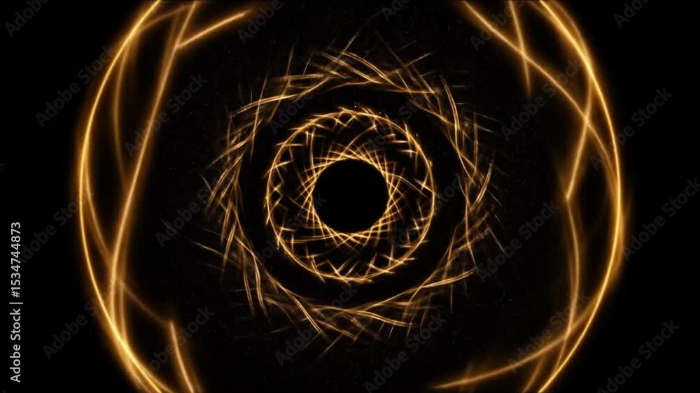Poster rotating golden light streaks forming circular pattern on black background