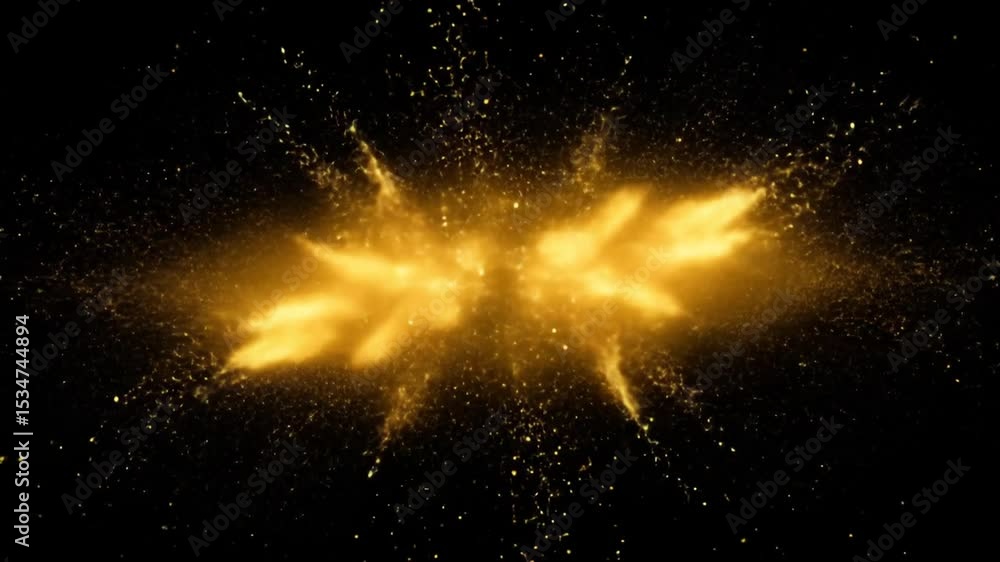 Poster golden particle explosion creating abstract star on black background slow motion