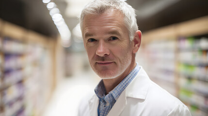 Professional pharmacist in white coat reviewing medications in drugstore, healthcare expertise and trust