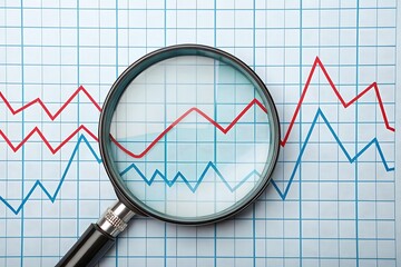 Magnifying glass analyzing red and blue trend lines on graph