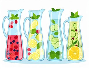 Four Glass Pitcher Filled With Infused Water And Fruits