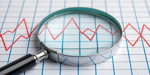 Magnifying glass on red line graph showing market decline