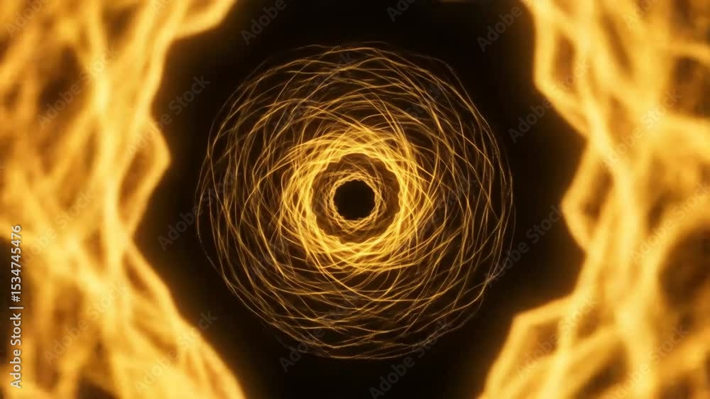Poster rotating glowing lines creating hypnotic pattern on black background animation