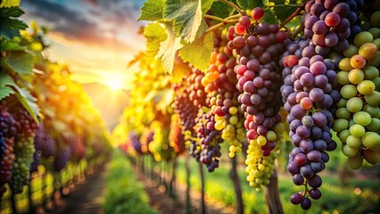 Naklejka premium Aerial Drone View Lush Vineyard Grapes Harvest Autumn Sunlight