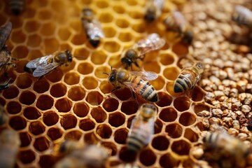 Close-Up View of Honey Bees Working on Golden Hexagonal Honeycomb Cells in Active Hive Showing Pollinator Behavior, Natural Architecture, and Insect Cooperation in Apiary