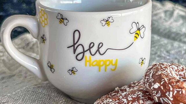 Close up of a bee happy mug with bee decals and chocolate donuts on a textured gray surface