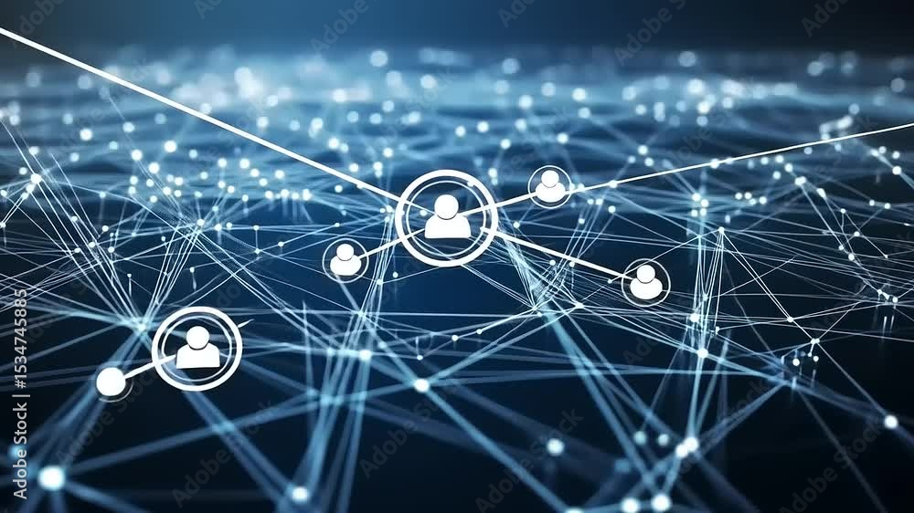 Aufkleber abstract digital network with connecting nodes representing people, set against a dark background
