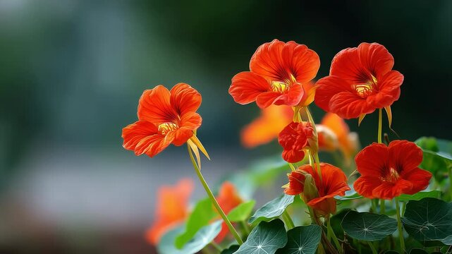 Bright orange nasturtium flower with green leaf in garden, vibrant and cheerful, closeup with soft blurred background, blooming in natural outdoor summer nature, fresh and lively atmosphere