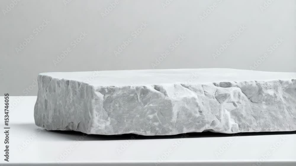 Poster solid gray stone slab resting on a white surface with rough edges, in front of a light gray backgrou
