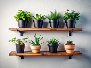 Fototapeta premium Aerial View: Four Plants in Black Pots on Wooden Wall Shelves - Home Decor, Indoor Gardening, Plant Arrangement